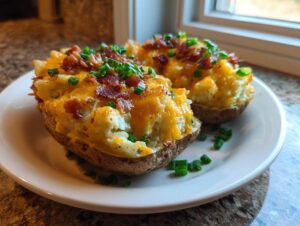Two perfectly prepared twice baked potatoes topped with melted cheddar cheese, bacon bits, and fresh chives.