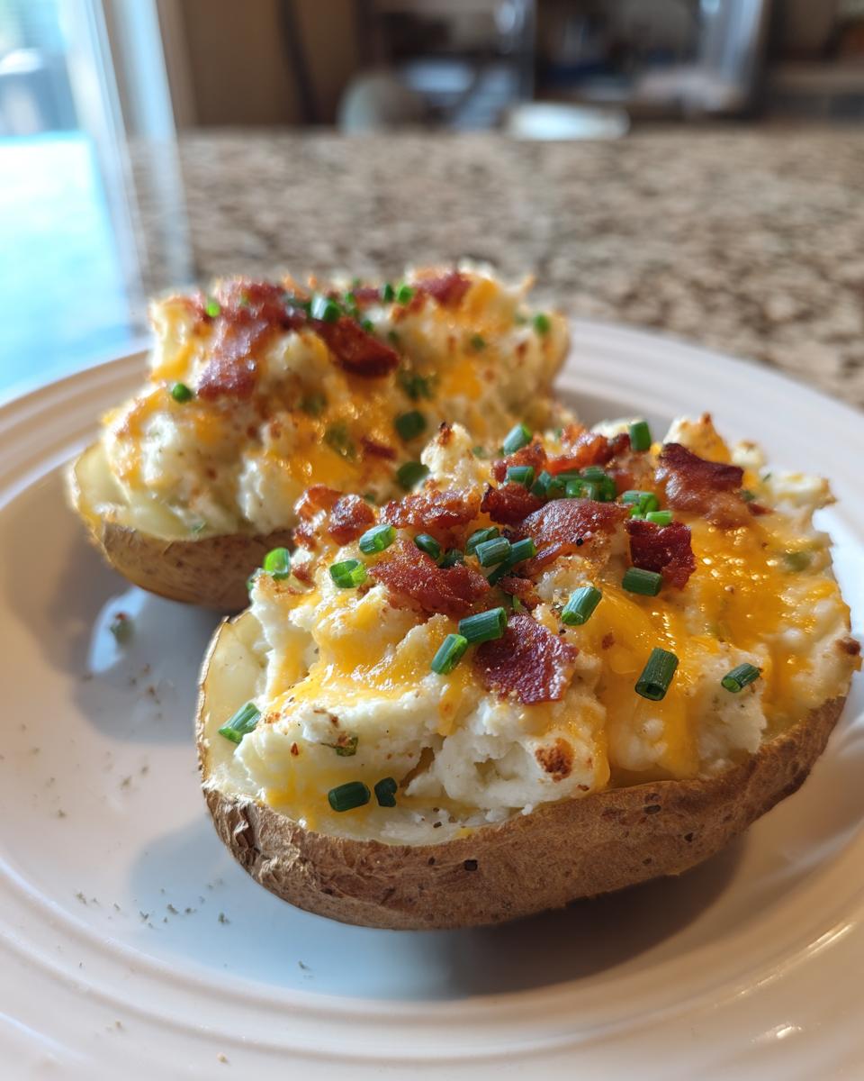Two halves of twice baked potatoes stuffed with creamy filling, topped with melted cheddar cheese, bacon bits, and chives.