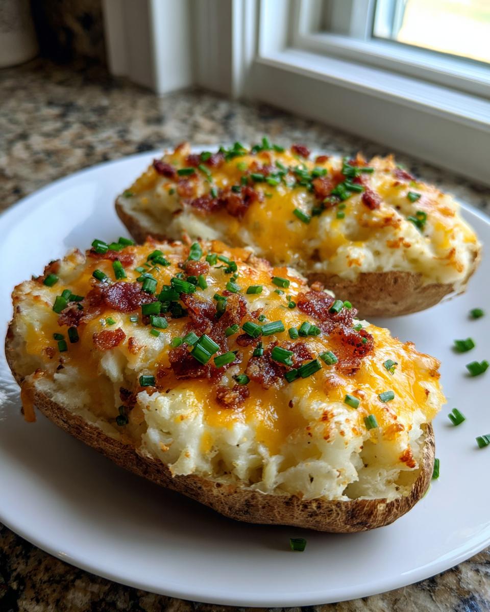 Two perfectly prepared twice baked potatoes loaded with melted cheese, bacon bits, and fresh chives.