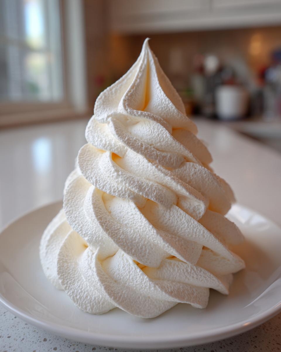 A tall, perfectly piped swirl of creamy white vanilla buttercream frosting sitting on a white plate.