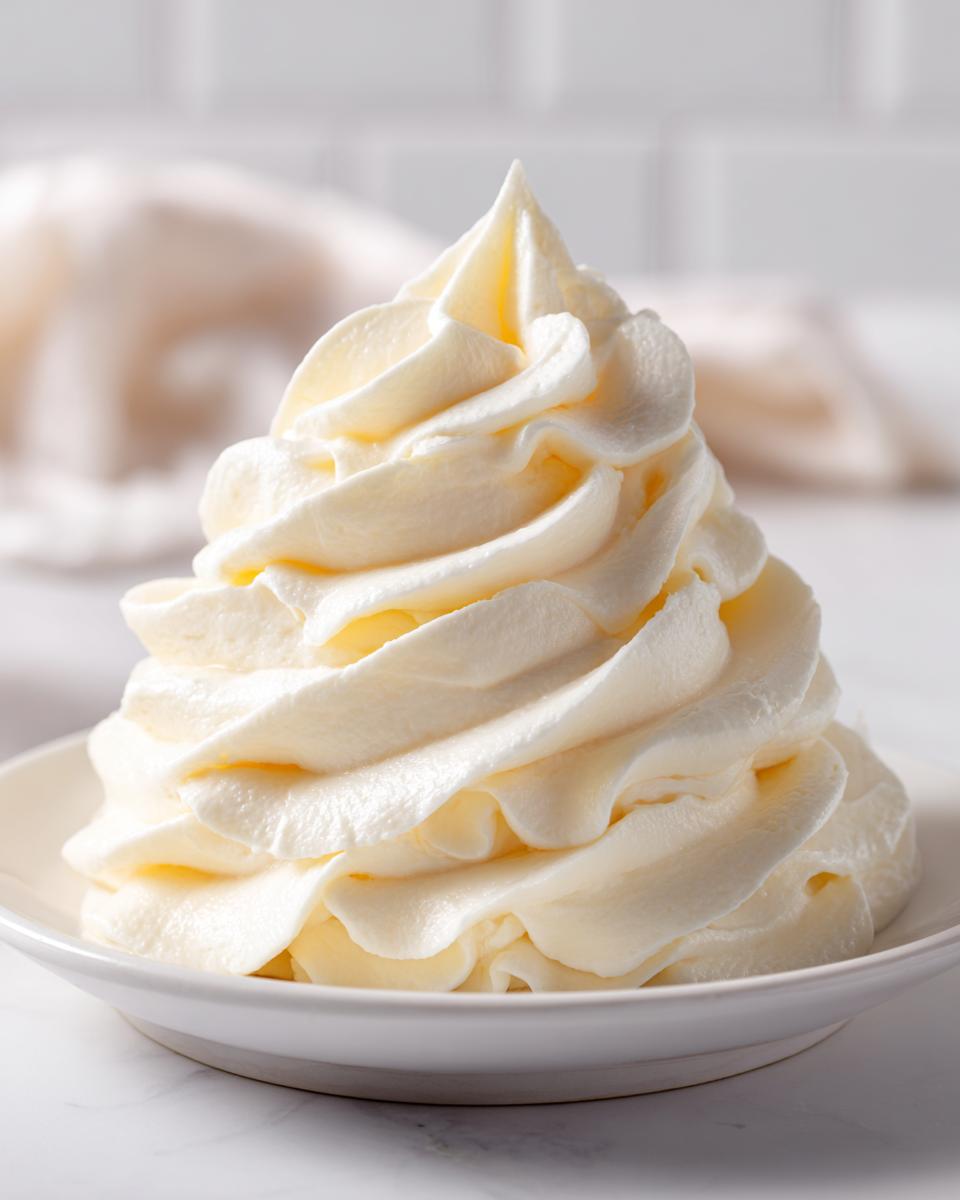 Close-up of a tall, perfectly piped swirl of creamy vanilla buttercream frosting in a white bowl.