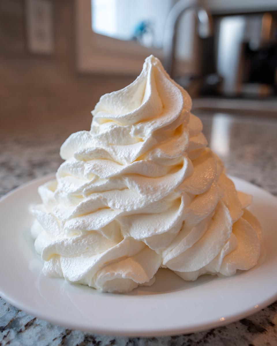 A tall swirl of perfectly piped, creamy vanilla buttercream frosting sitting on a white plate.