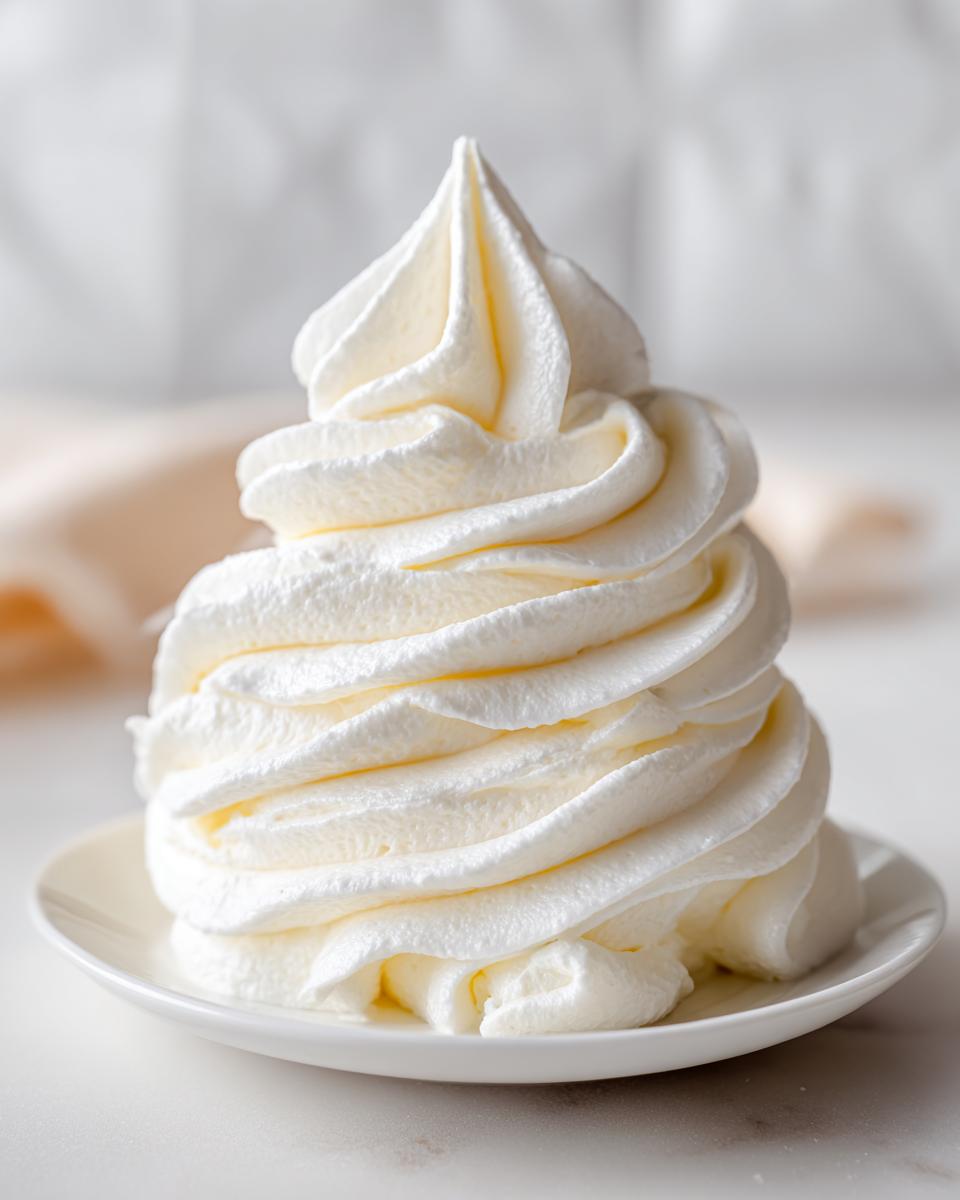 A tall, perfectly piped swirl of creamy white vanilla buttercream frosting on a small white plate.