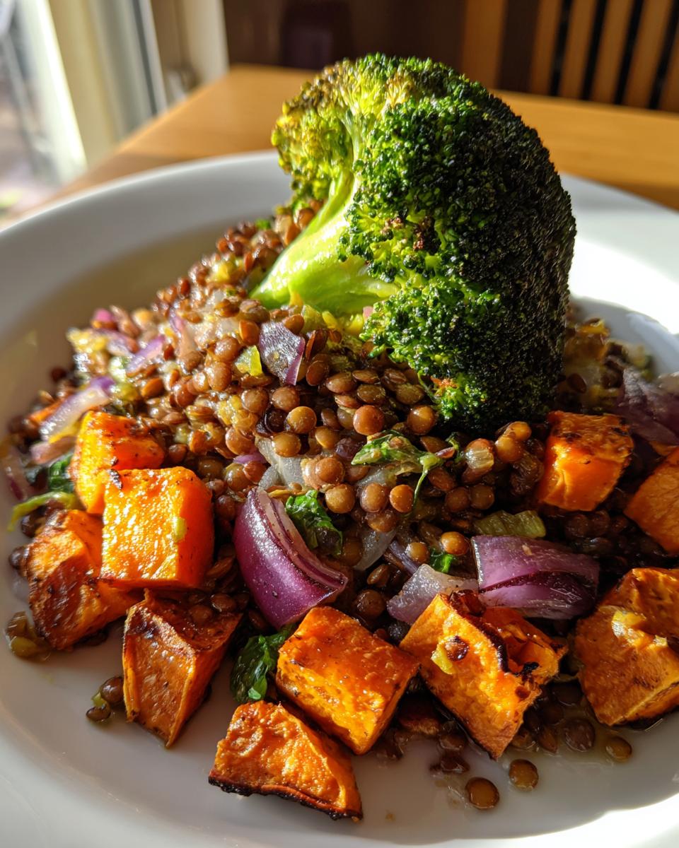 A vibrant veggie lentil salad featuring brown lentils, roasted sweet potatoes, red onion, and a large floret of roasted broccoli.