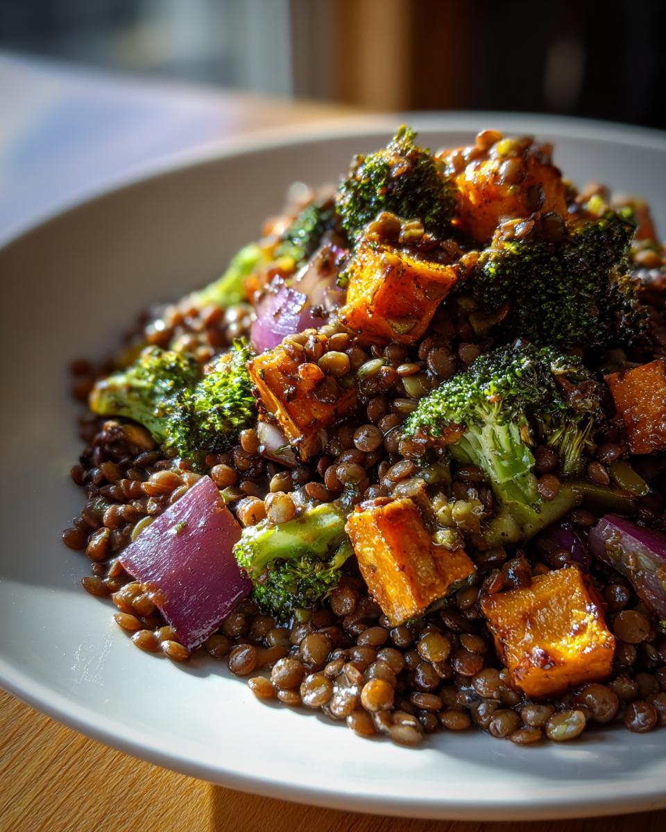 Close-up of a hearty veggie lentil salad featuring brown lentils, roasted sweet potato cubes, broccoli florets, and red onion.