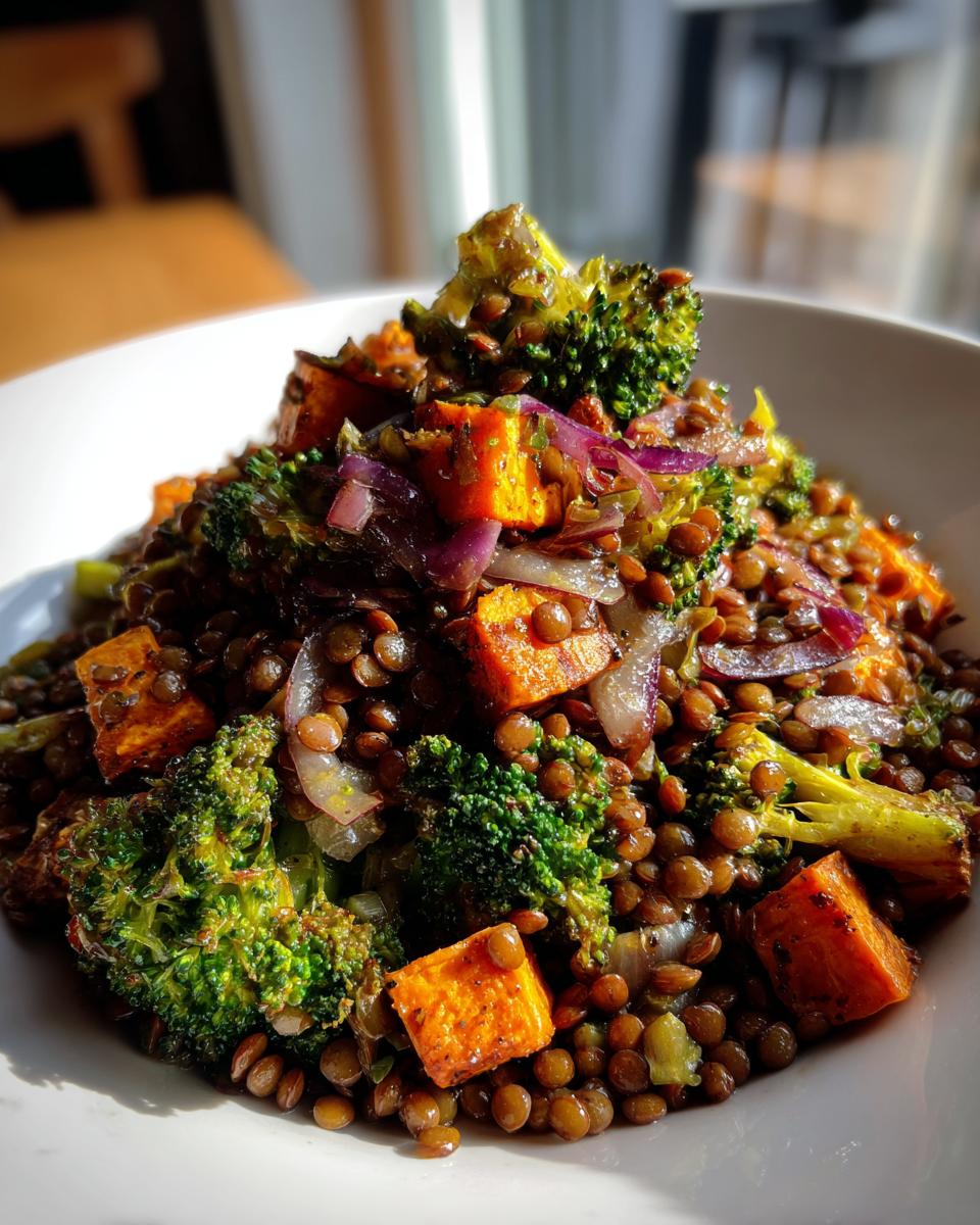 Close-up of a warm veggie lentil salad featuring lentils, roasted sweet potato cubes, broccoli florets, and red onion.