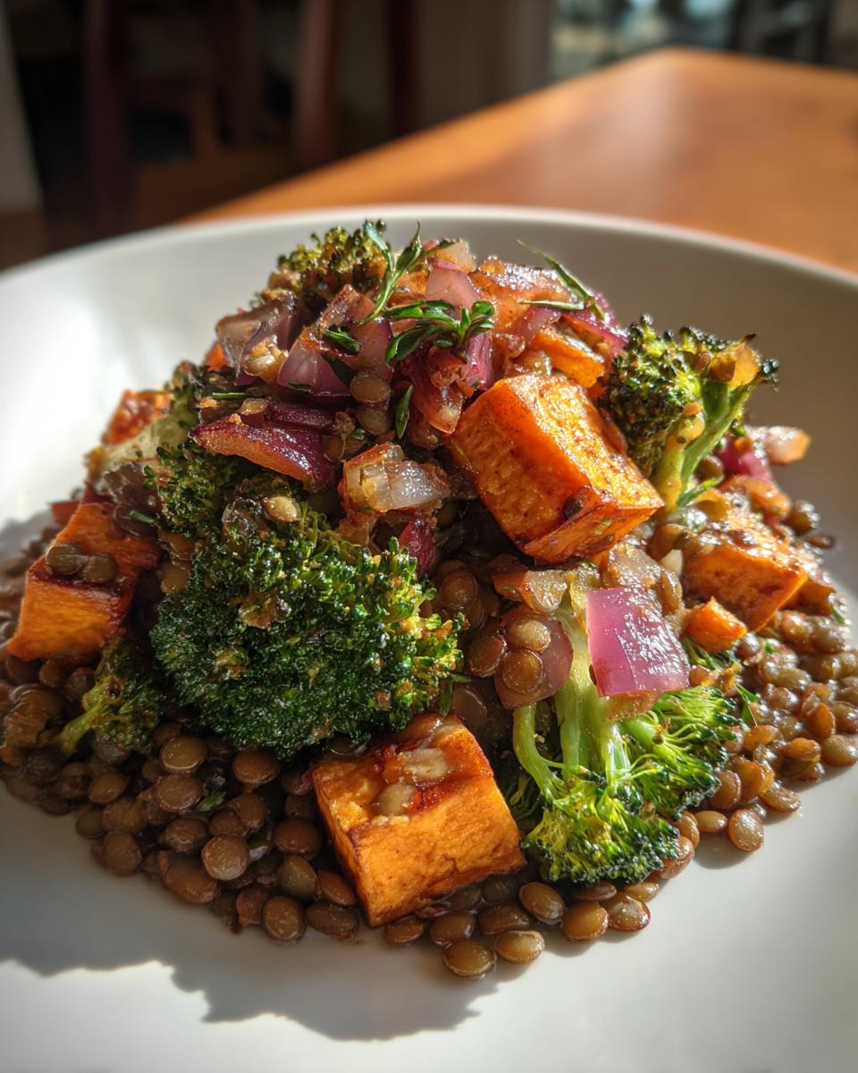 Close-up of a hearty veggie lentil salad featuring brown lentils, roasted sweet potato cubes, broccoli florets, and caramelized red onions.
