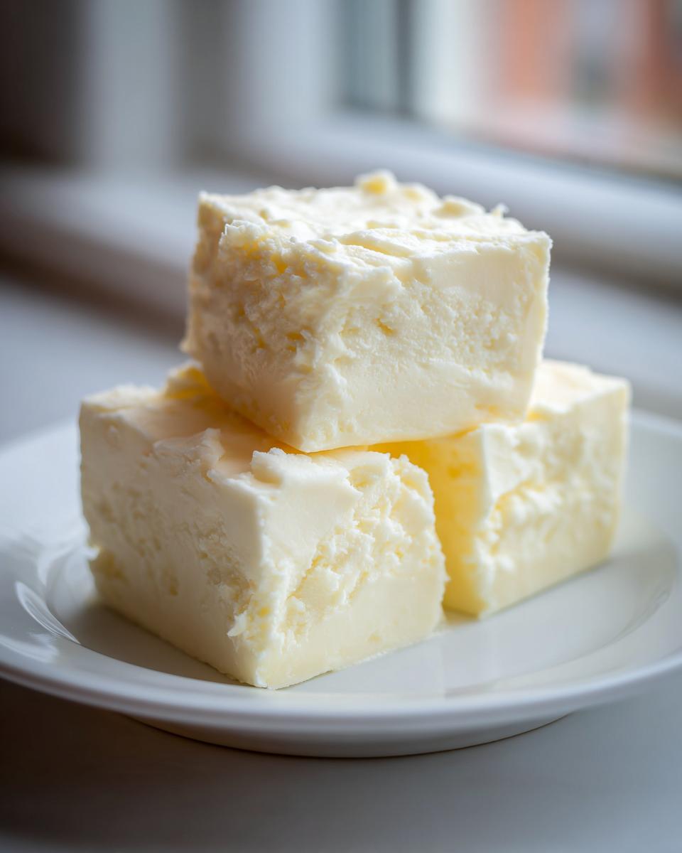 Three creamy squares of homemade white chocolate fudge stacked on a white plate near a window.