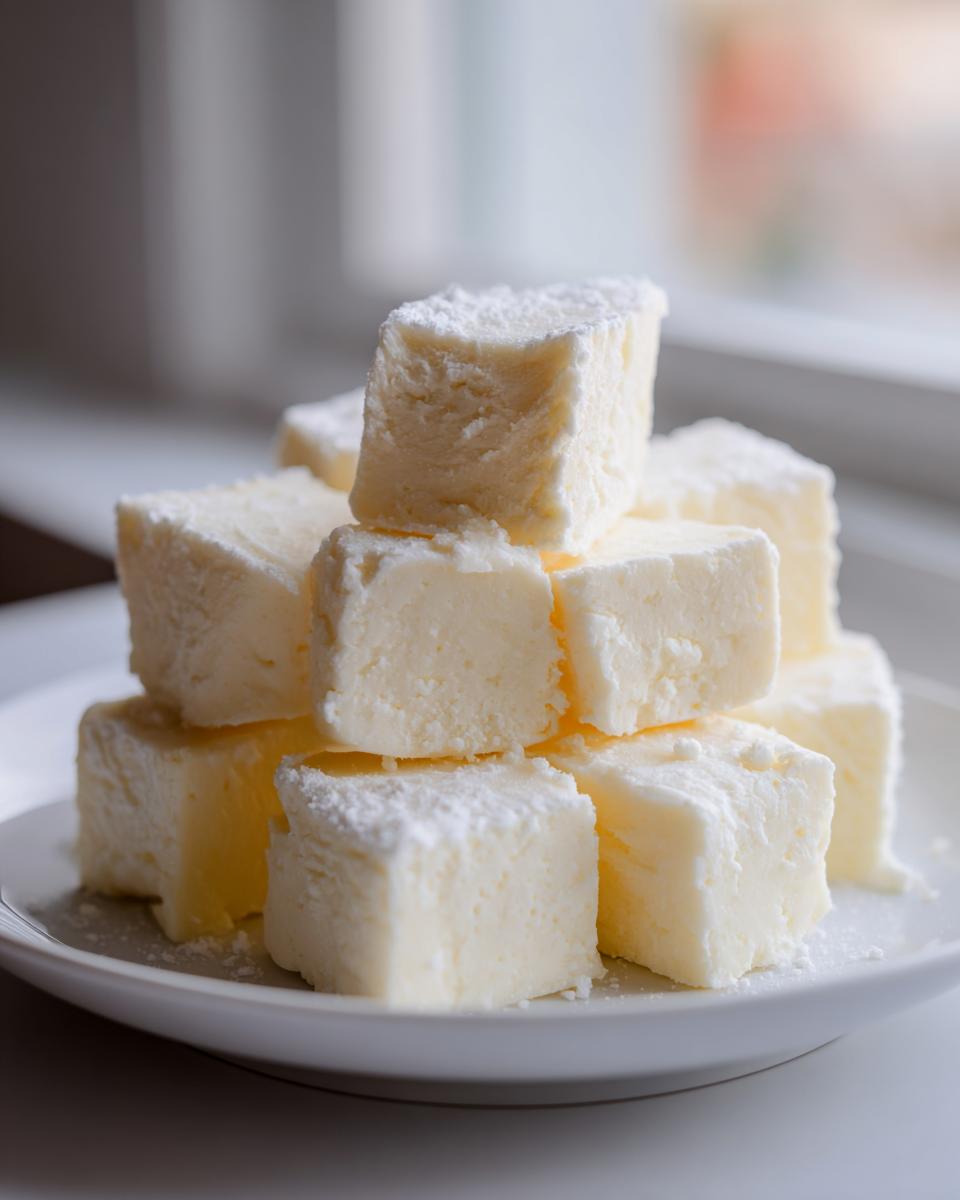 A stack of creamy, pale yellow white chocolate fudge squares dusted lightly with powdered sugar on a white plate.