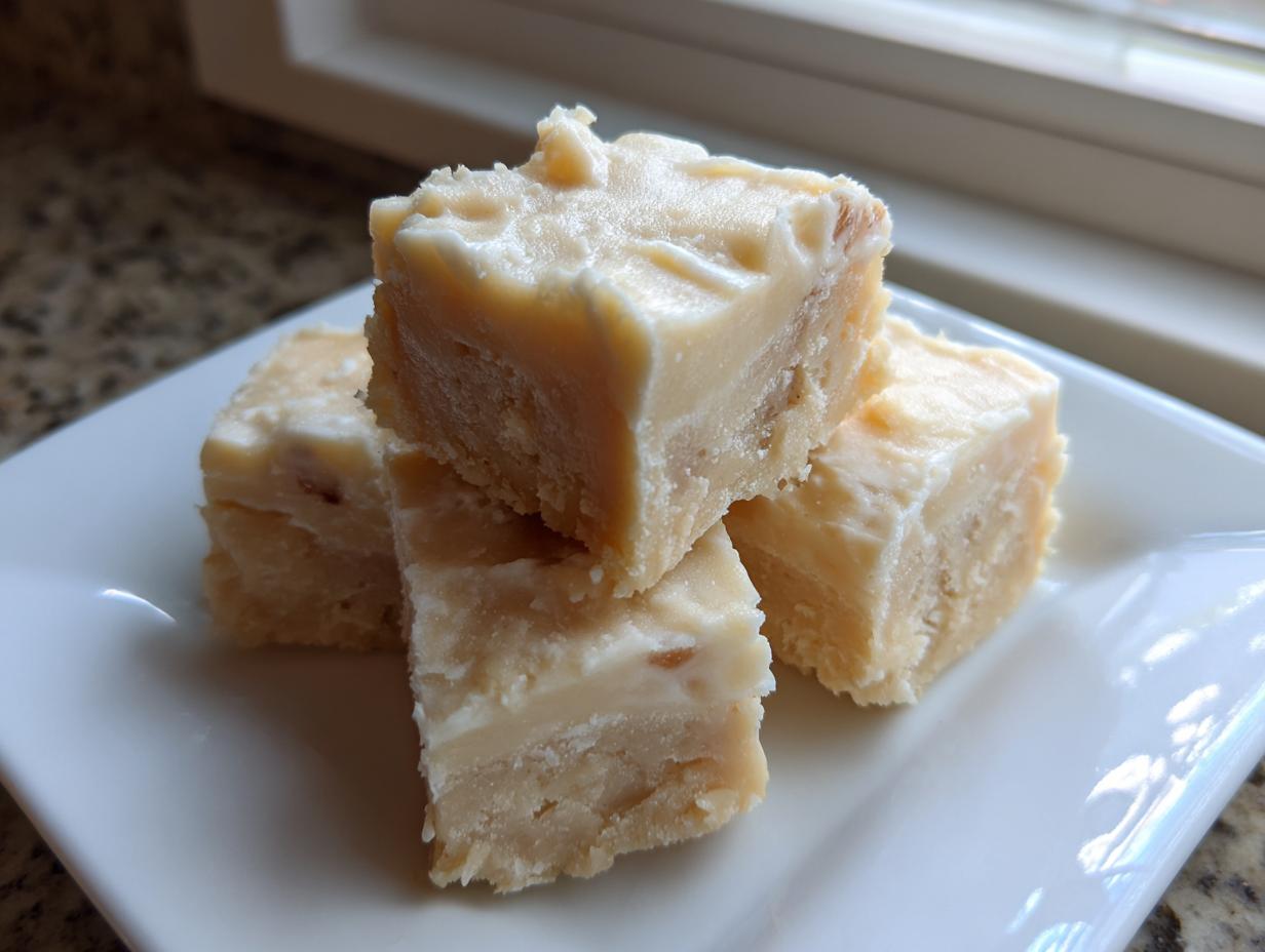 Four squares of creamy, pale white chocolate fudge stacked slightly on a white plate.