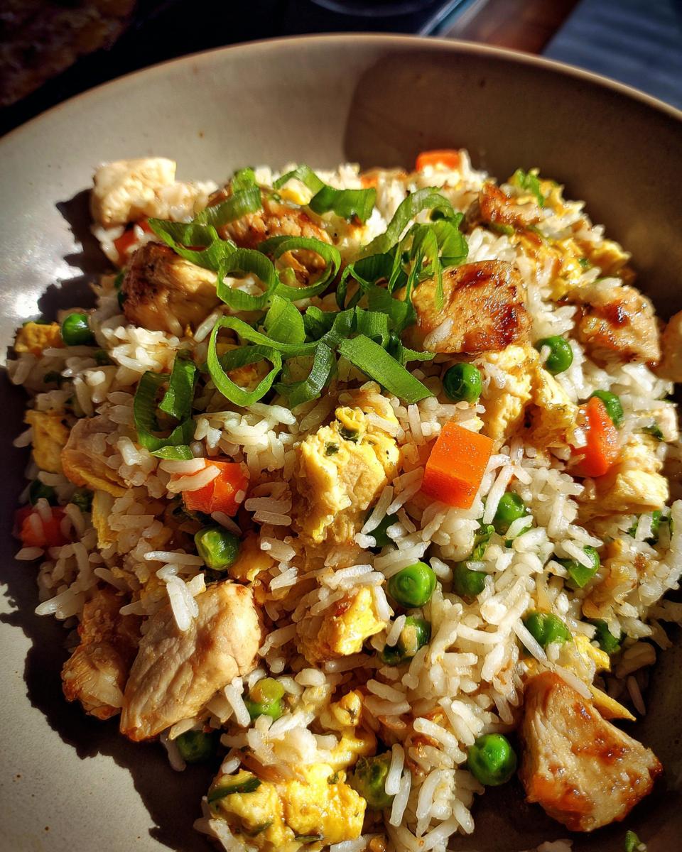 A close-up, high-angle shot of homemade chicken fried rice featuring white rice, chunks of chicken, scrambled egg, peas, carrots, and topped with fresh green onions.