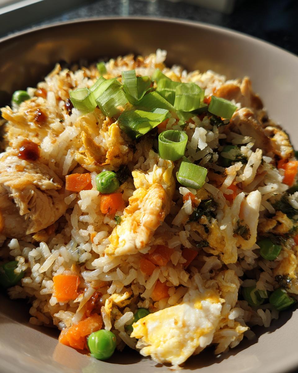 Close-up of a bowl filled with homemade chicken fried rice, featuring scrambled egg, peas, carrots, and green onion garnish.