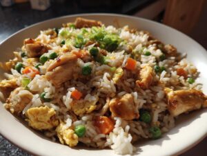 Close-up of a bowl filled with homemade chicken fried rice featuring white rice, chicken pieces, peas, carrots, and scrambled egg, topped with green onions.