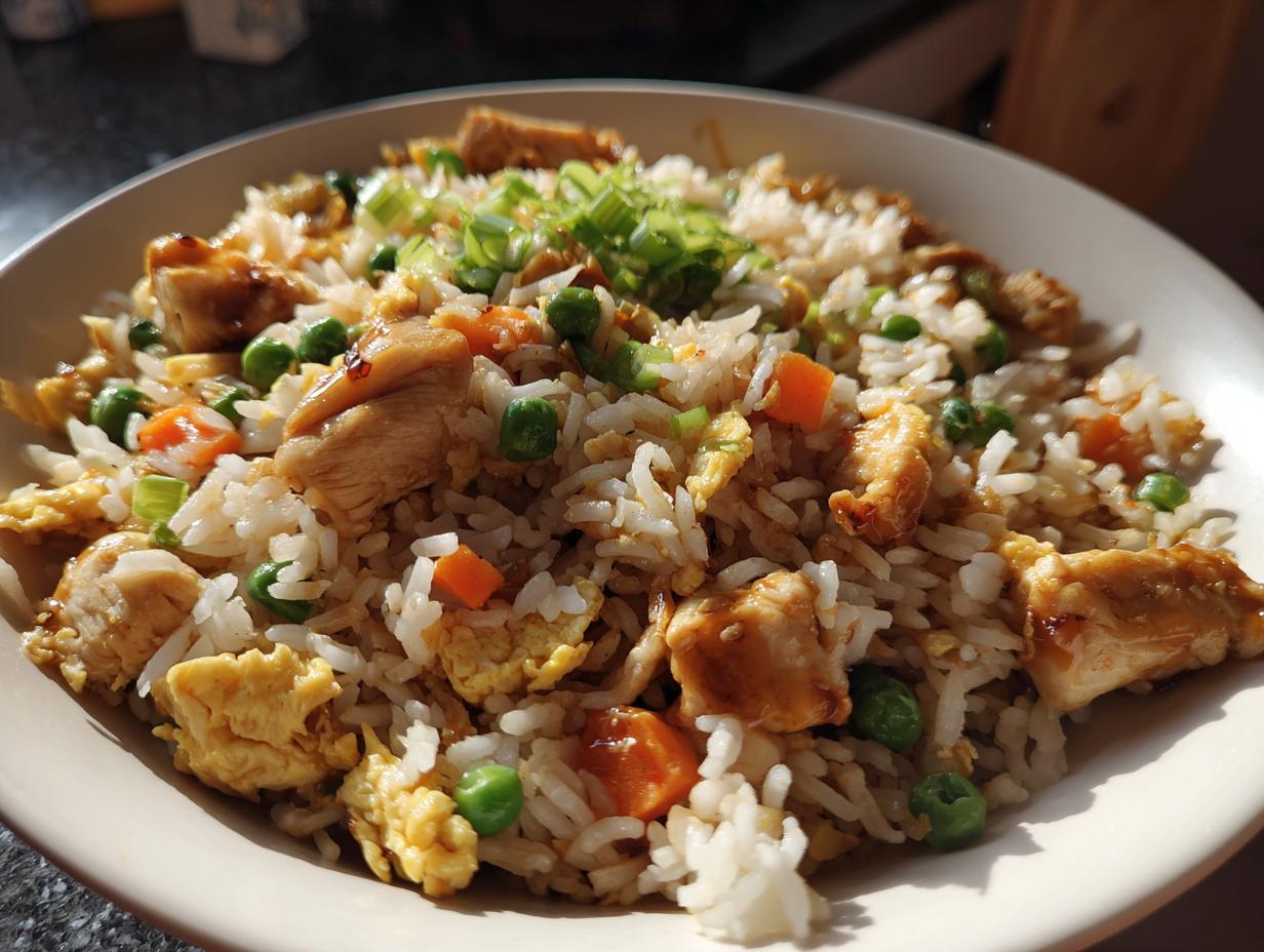 Close-up of a bowl filled with homemade chicken fried rice featuring white rice, chicken pieces, peas, carrots, and scrambled egg, topped with green onions.