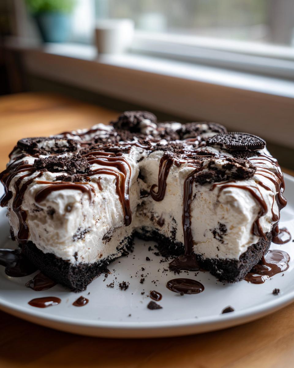 A slice removed from a homemade ice cream pie showing the thick cookie crust, creamy filling, and chocolate drizzle topping.
