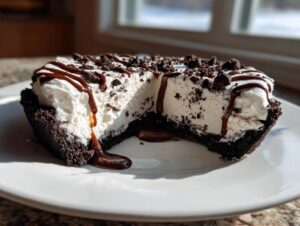 A cross-section slice of a rich, creamy ice cream pie with a dark crust, topped with whipped cream, chocolate crumbs, and fudge drizzle.