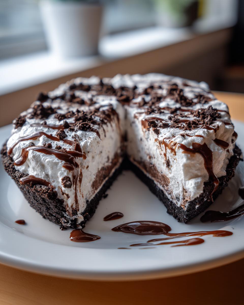 A decadent, no-bake ice cream pie with a dark crust, white filling, topped with chocolate drizzle and cookie crumbs.