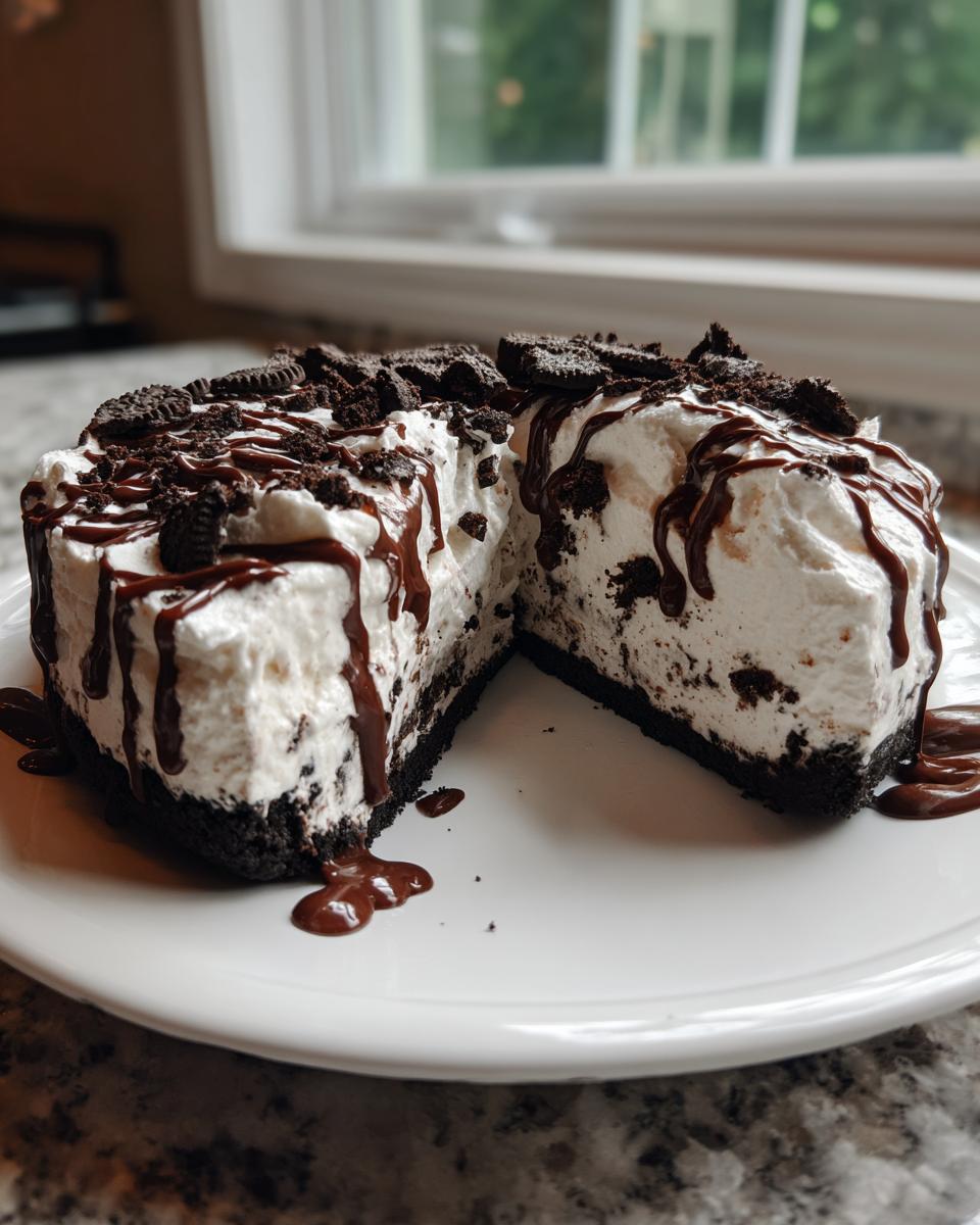 A cross-section view of a rich, no-bake ice cream pie with a dark cookie crust, white filling, and chocolate drizzle.