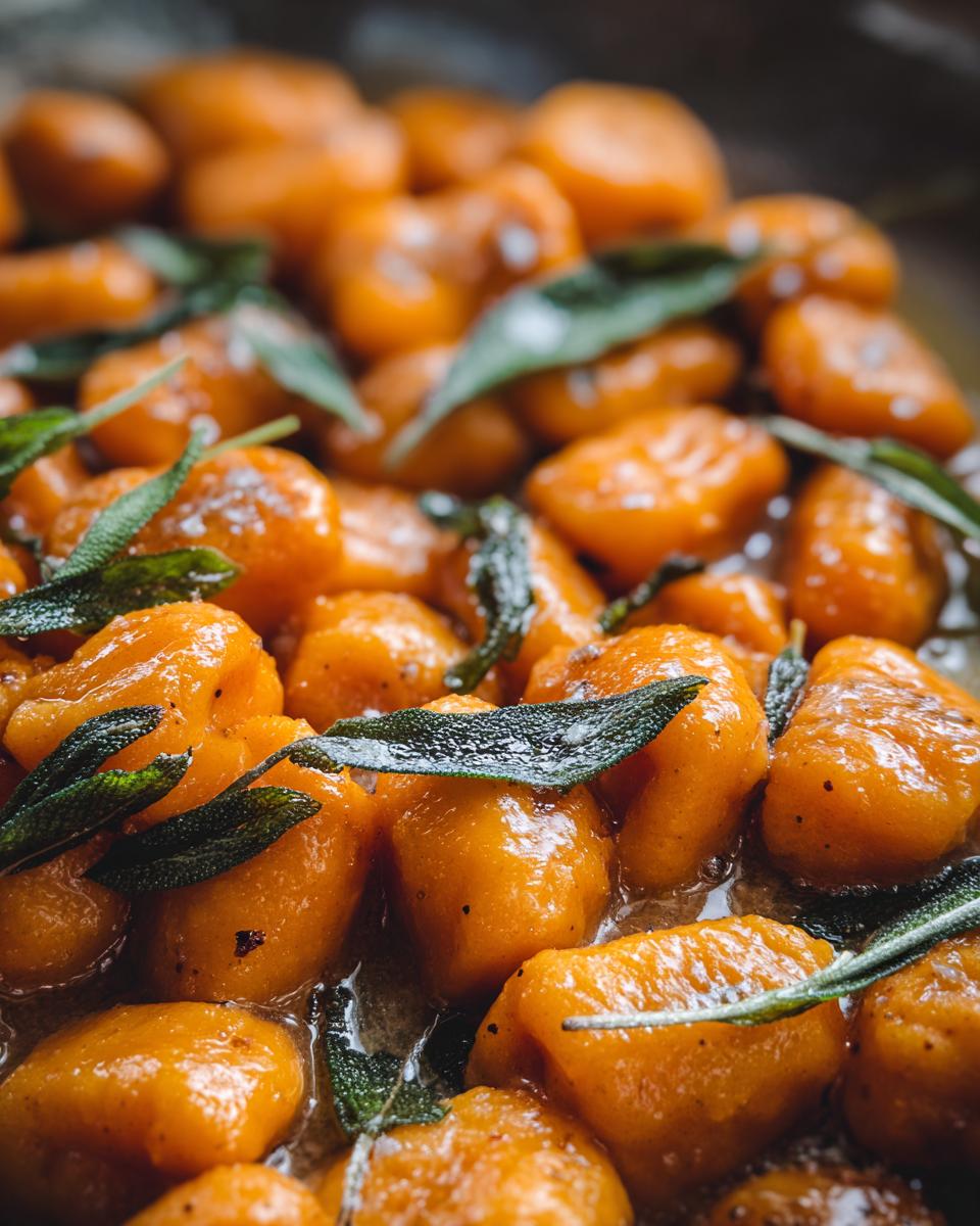 A close-up, appetizing shot of bright orange sweet potato gnocchi tossed in butter sauce with fresh sage leaves.