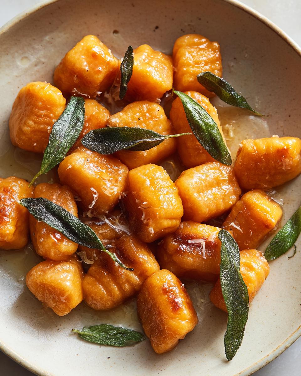 A bowl filled with bright orange sweet potato gnocchi tossed in butter sauce and garnished with crispy sage leaves.