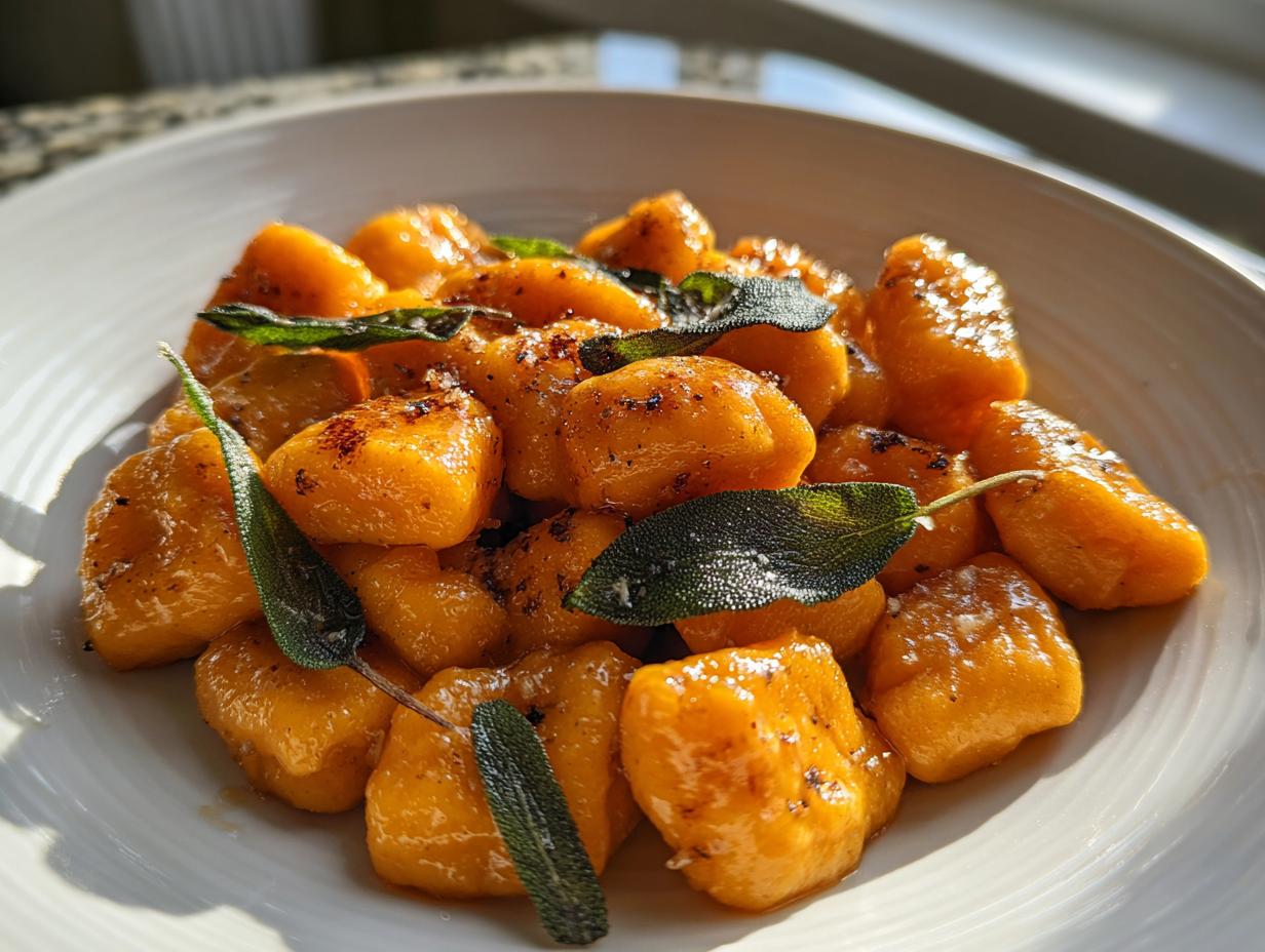 Close-up of bright orange sweet potato gnocchi tossed in butter sauce and garnished with crispy sage leaves.