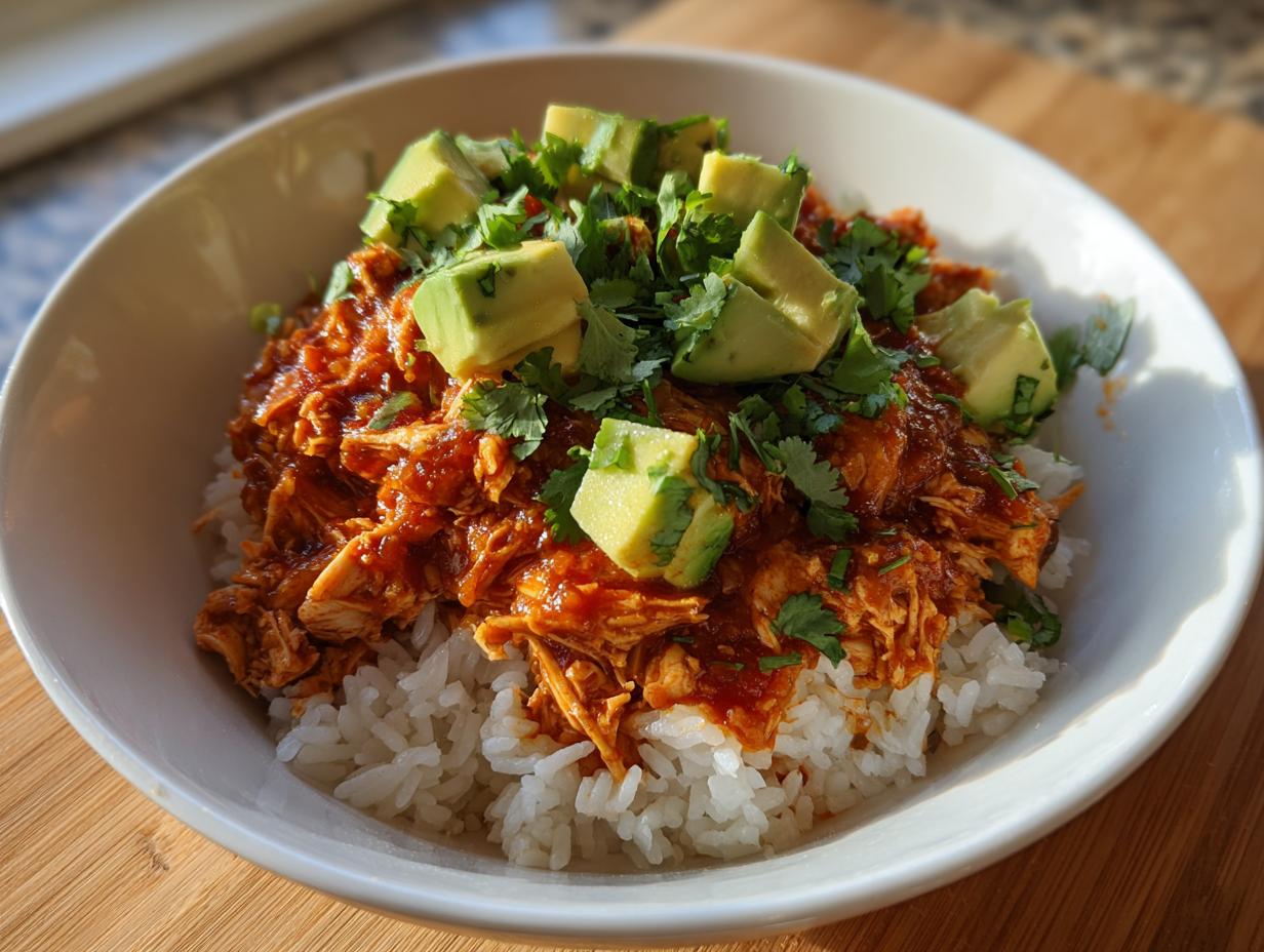 A white bowl filled with white rice topped with saucy shredded chicken and diced avocado for a chicken burrito bowl.