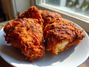 Four pieces of golden-brown, crispy air fryer fried chicken resting on a white plate near a window.