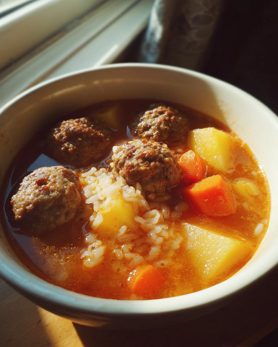 Close-up of a bowl of rich, savory albondigas soup featuring meatballs, rice, potatoes, and carrots.