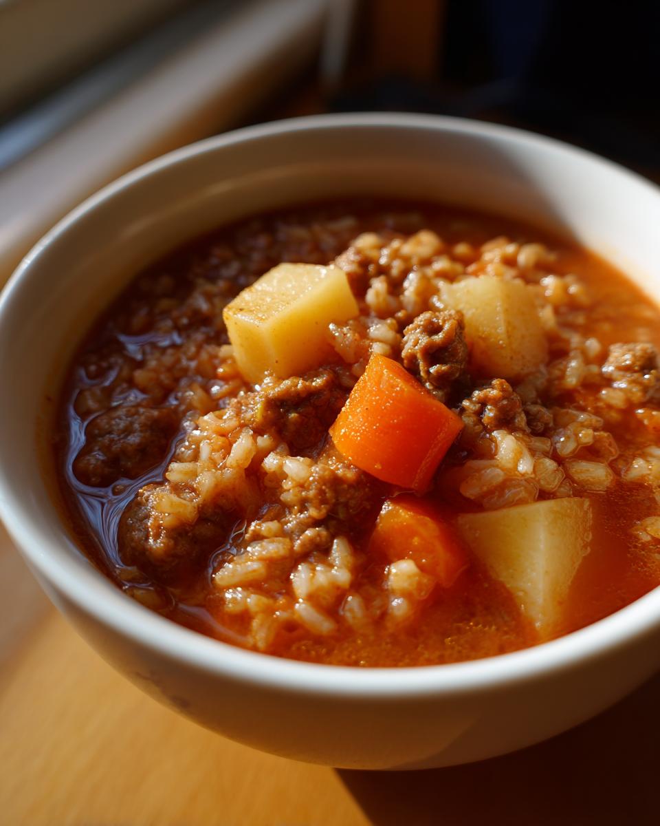 Close-up of a bowl of rich, tomato-based albondigas soup featuring ground meat, rice, carrots, and potatoes.