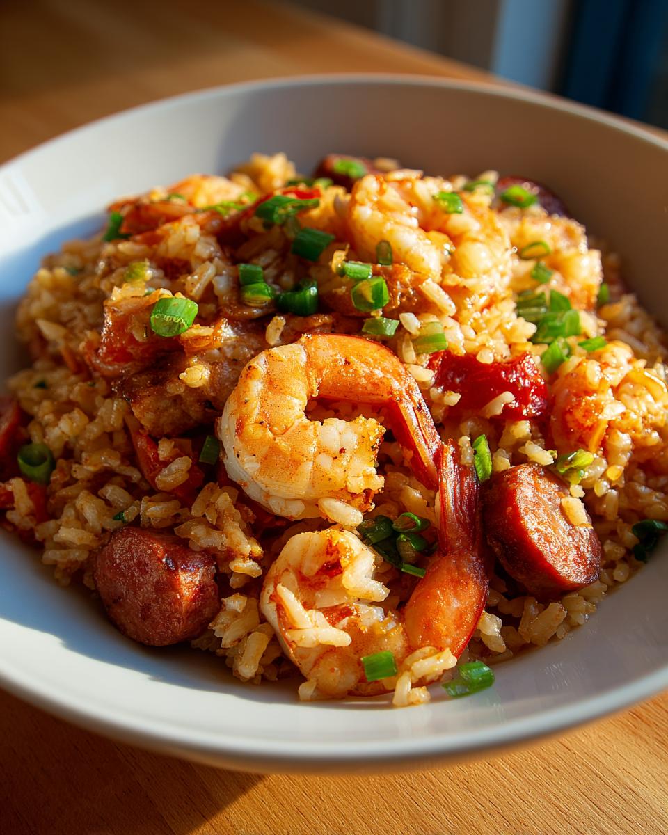 A close-up bowl of flavorful jambalaya featuring large shrimp, sliced sausage, and green onions.