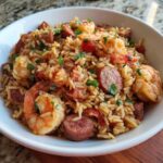 A close-up view of a hearty bowl of amazing 1-pot jambalaya featuring rice, large shrimp, and sliced andouille sausage, garnished with parsley.