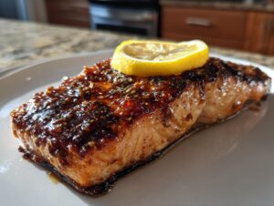 Close-up of a perfectly cooked salmon recipe fillet with a dark, glossy glaze and a lemon slice on top.