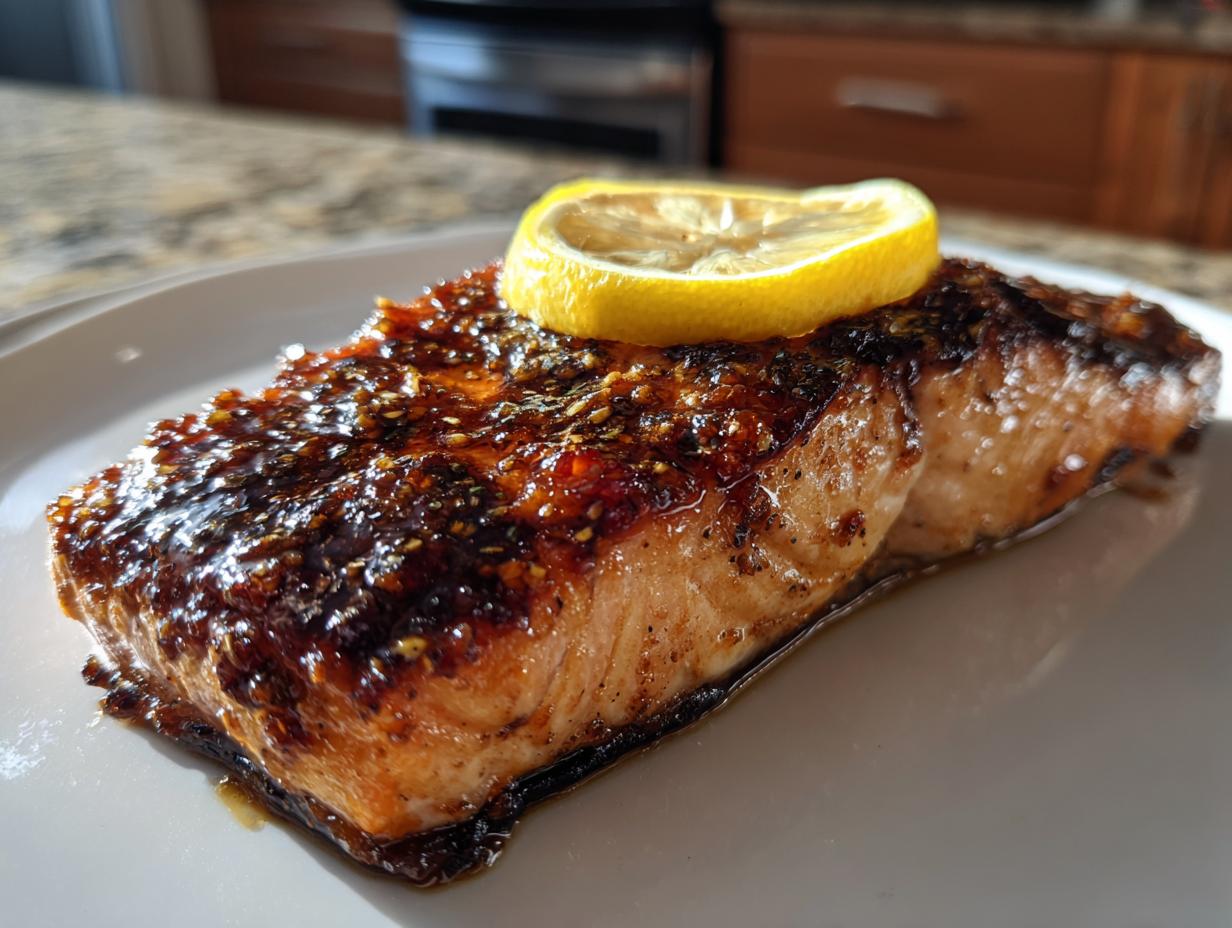 Close-up of a perfectly cooked salmon recipe fillet with a dark, glossy glaze and a lemon slice on top.