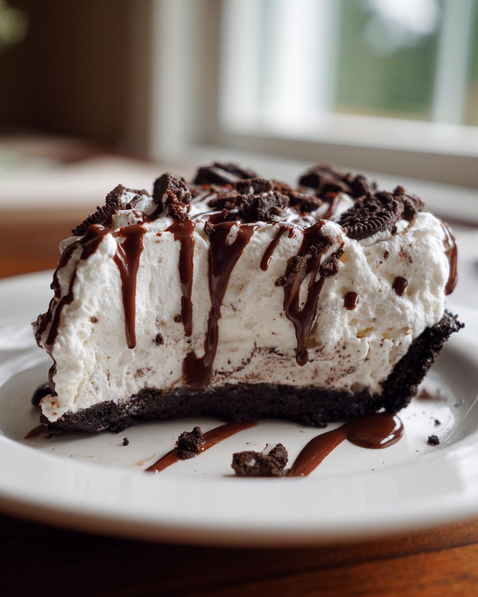 A rich slice of homemade ice cream pie with a dark cookie crust, topped with whipped cream, chocolate drizzle, and cookie crumbles.