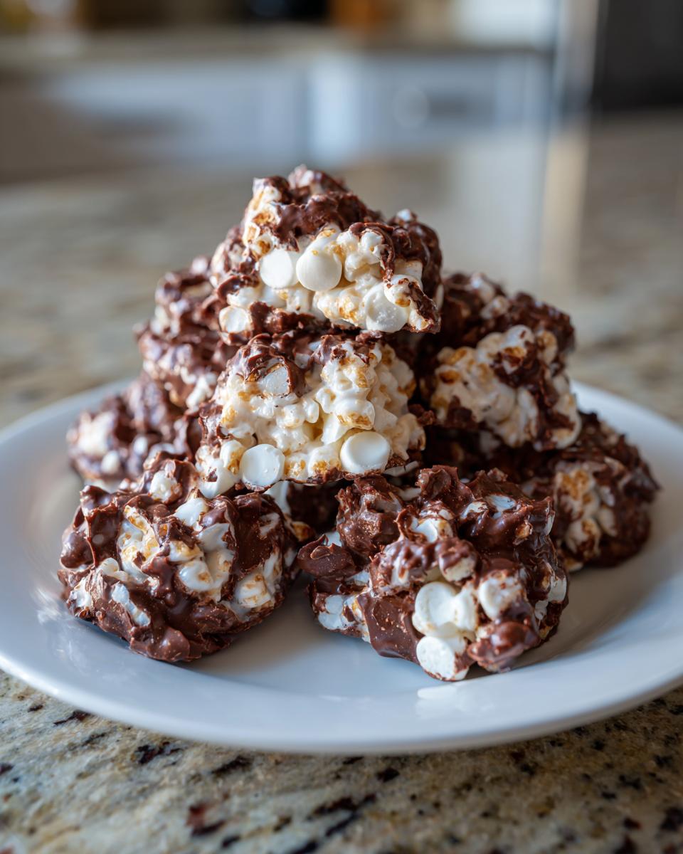 A stack of delicious avalanche cookies made with chocolate, marshmallows, and white chocolate chips on a white plate.