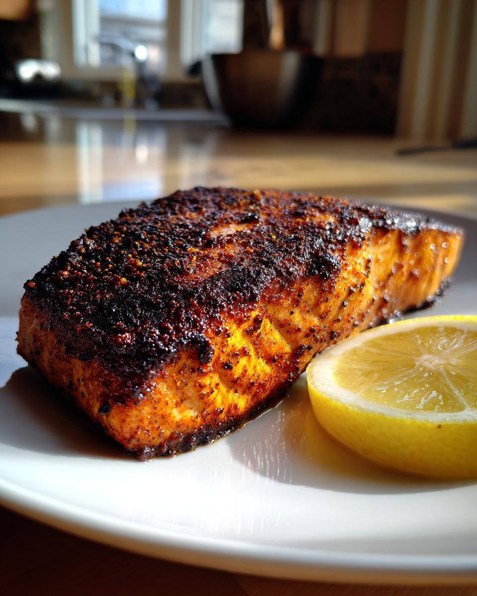 Close-up of a perfectly cooked blackened salmon fillet served on a white plate with a fresh lemon wedge.