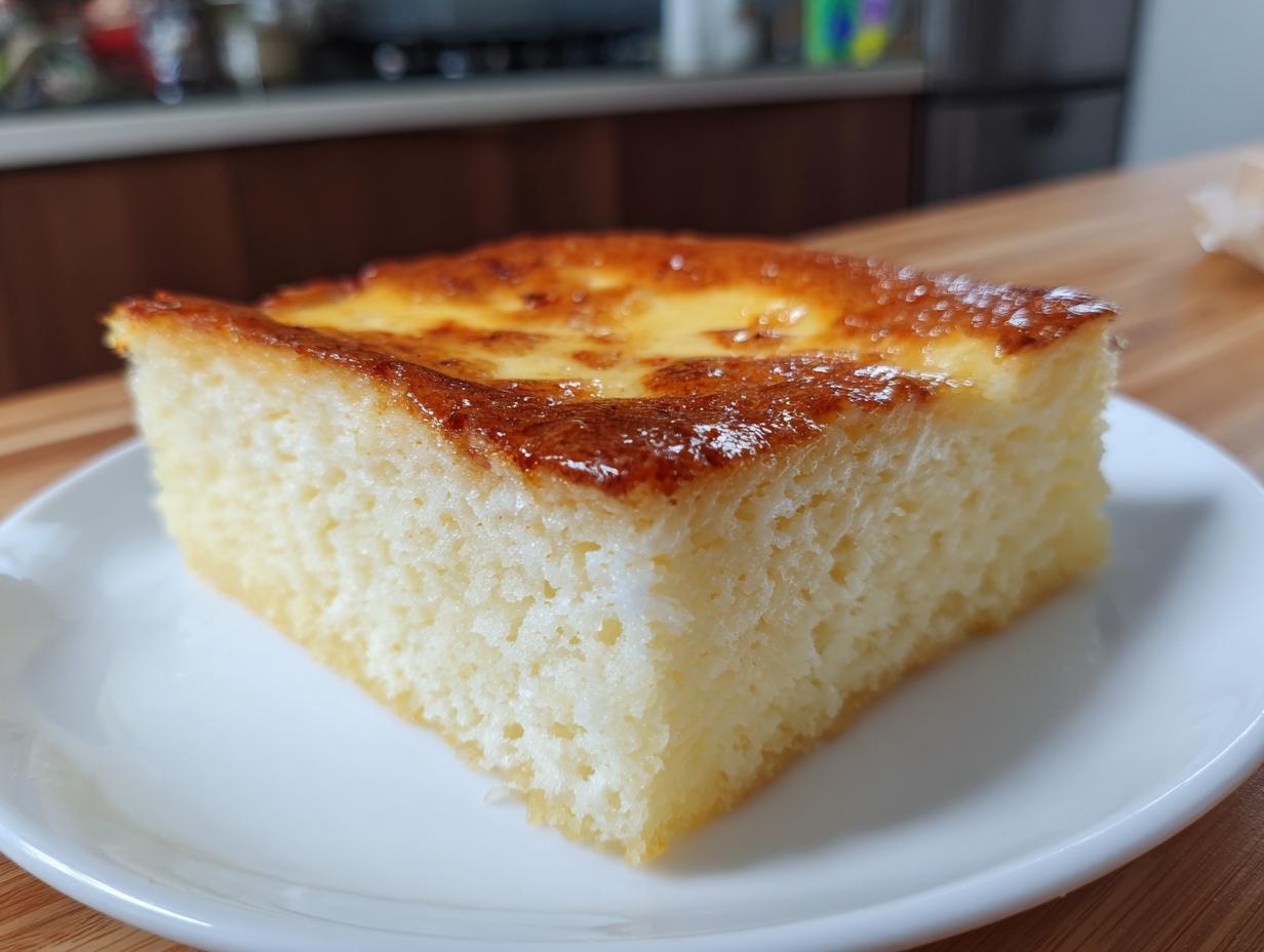 A square slice of moist cassava cake with a shiny, caramelized golden-brown topping, served on a white plate.