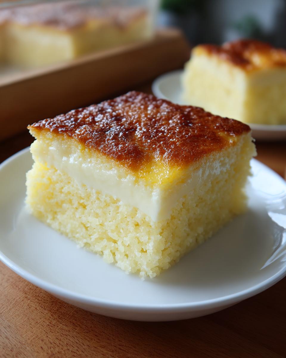 A square slice of moist cassava cake with a thick, creamy white layer and a caramelized brown top.