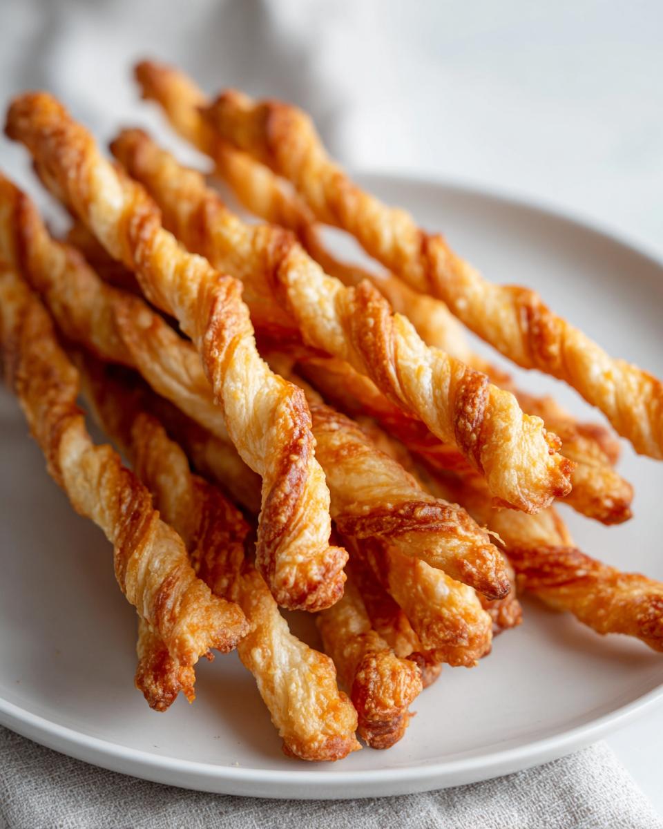 A close-up of several golden brown, flaky, twisted cheese straws piled on a white plate.