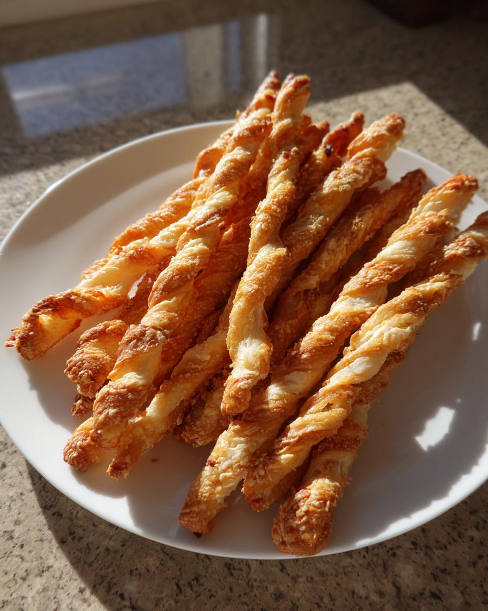 A pile of freshly baked, golden brown, twisted cheese straws resting on a white plate under bright sunlight.