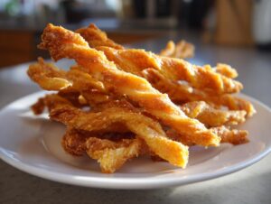 A close-up of golden, flaky, twisted cheese straws piled on a white plate, ready to eat.