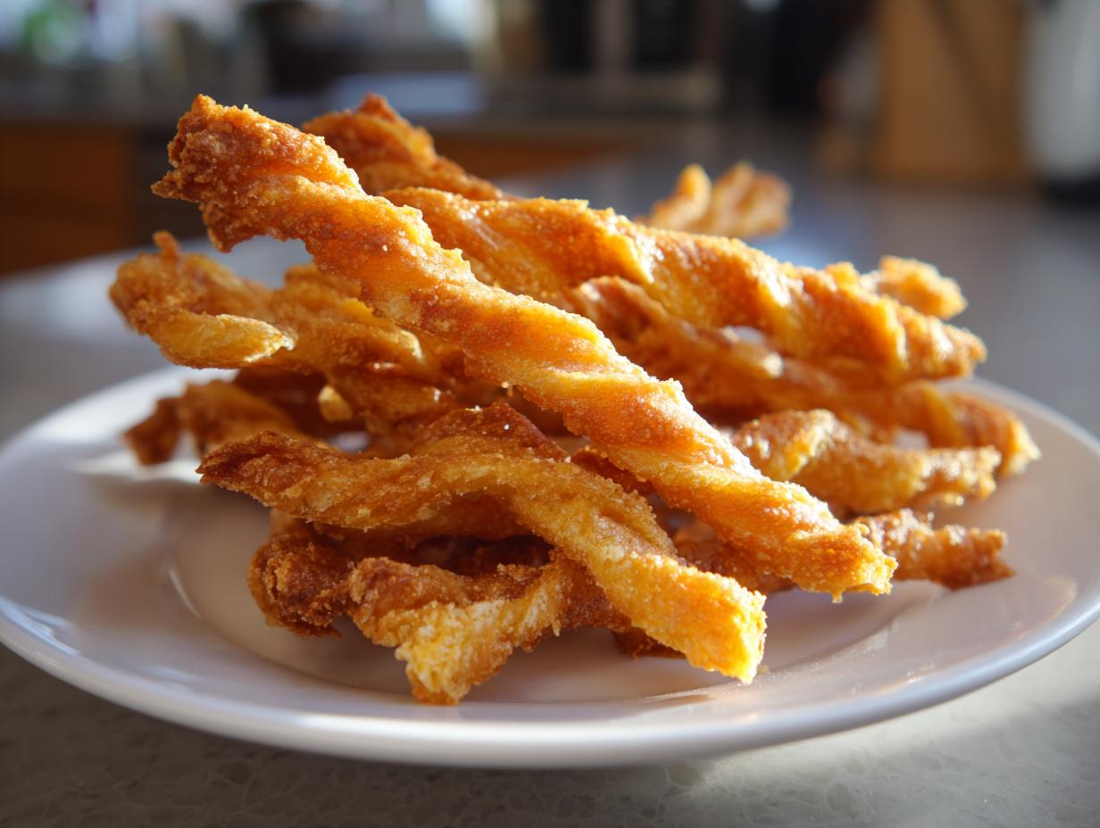 A close-up of golden, flaky, twisted cheese straws piled on a white plate, ready to eat.