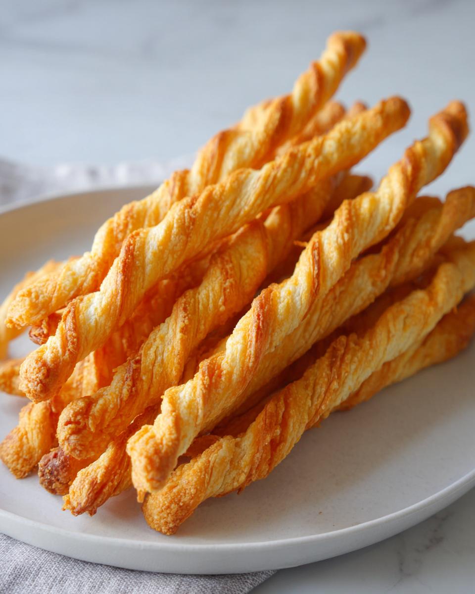 A close-up of a stack of golden, flaky, twisted cheese straws piled on a light gray plate.