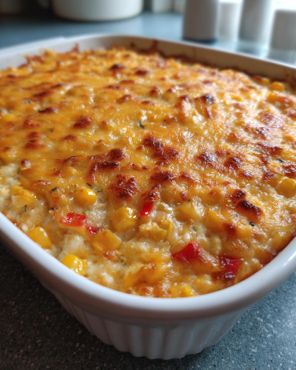 Close-up of a baked cheesy corn dip in a white casserole dish, featuring melted, browned cheddar cheese over corn and red peppers.