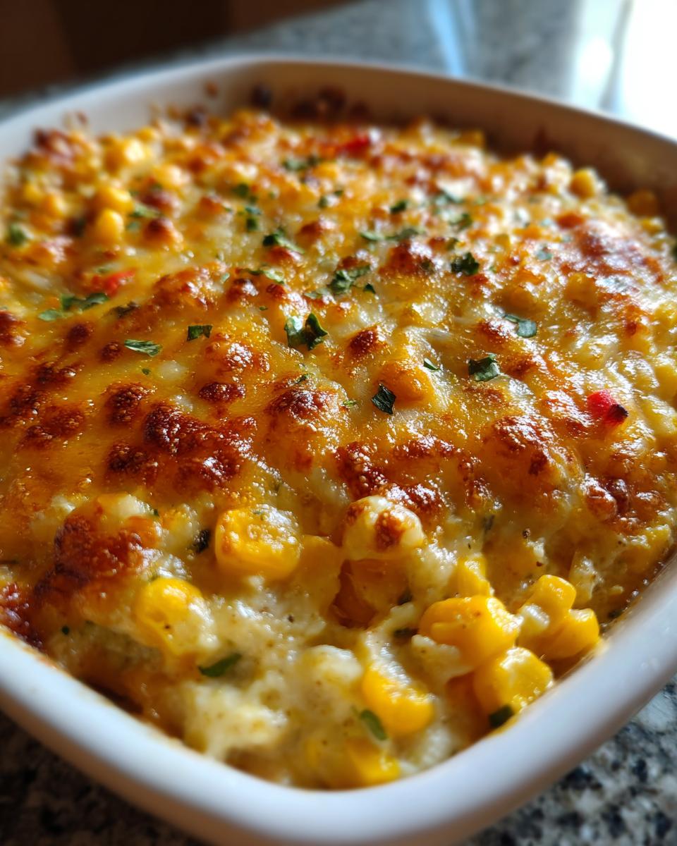 Close-up of a hot, cheesy corn dip with browned cheese topping and flecks of green herbs in a white baking dish.