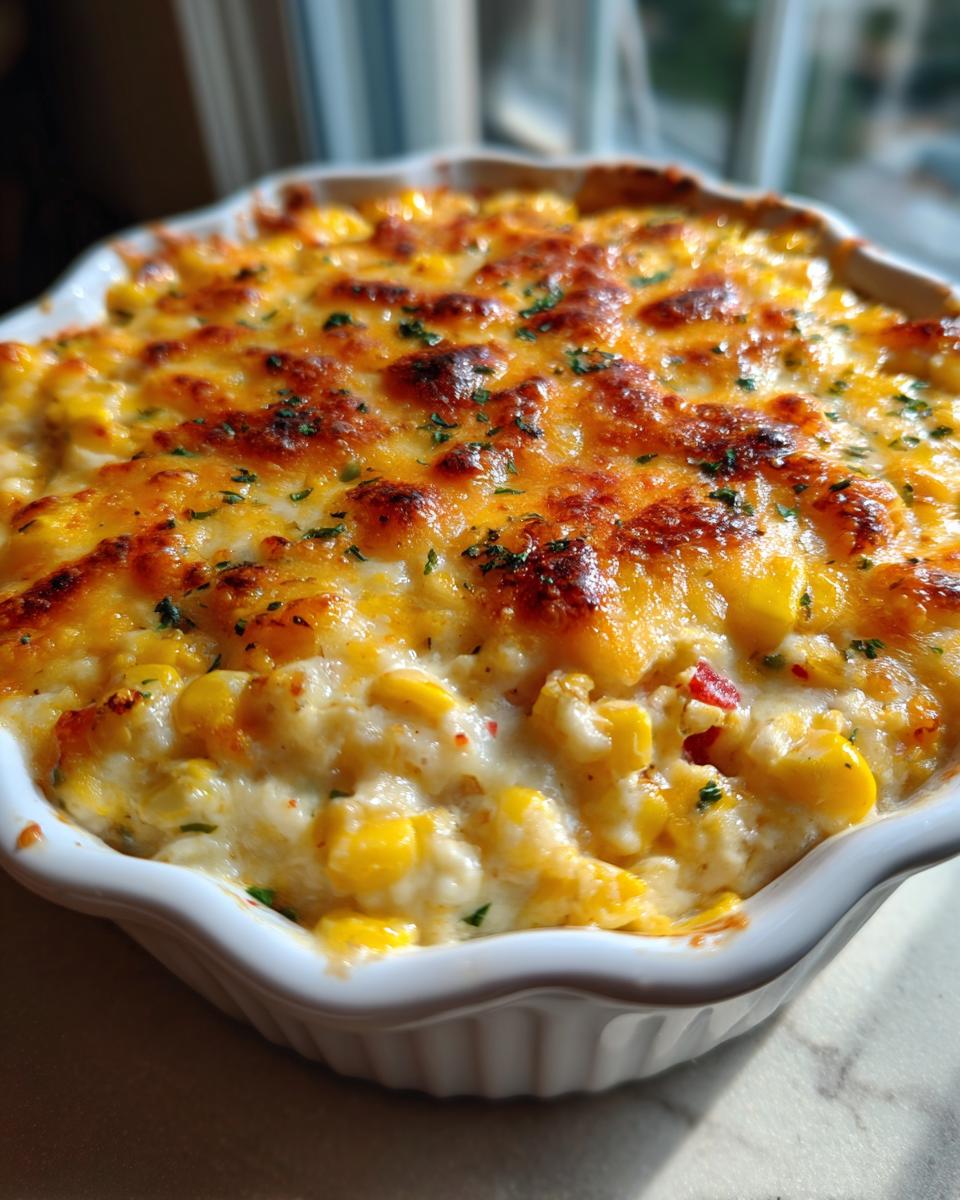 Close-up of amazing cheesy corn dip baked until golden brown and bubbly in a white ceramic dish.