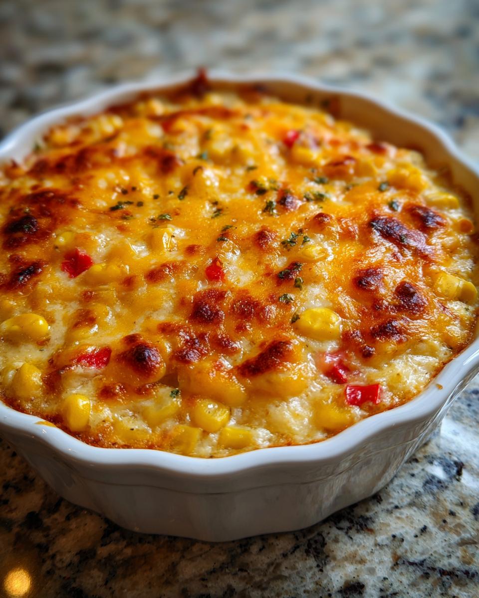 Close-up of amazing cheesy corn dip baked golden brown with visible corn kernels and red peppers.