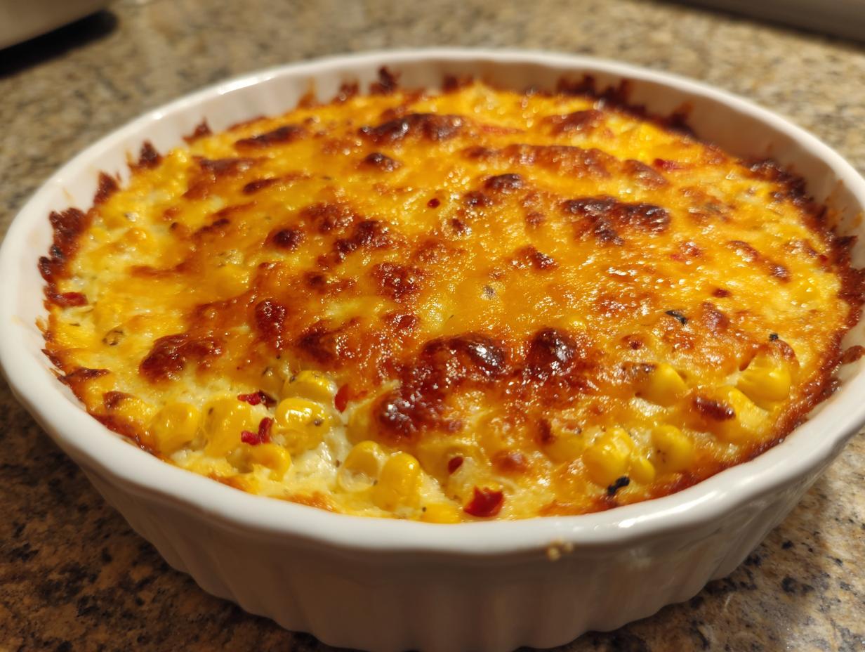 A close-up of a baked, cheesy corn dip in a white round dish with a golden-brown, bubbly top.