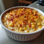 Close-up of a baked, cheesy corn dip topped with melted orange cheese and red pepper flakes in a white fluted ramekin.