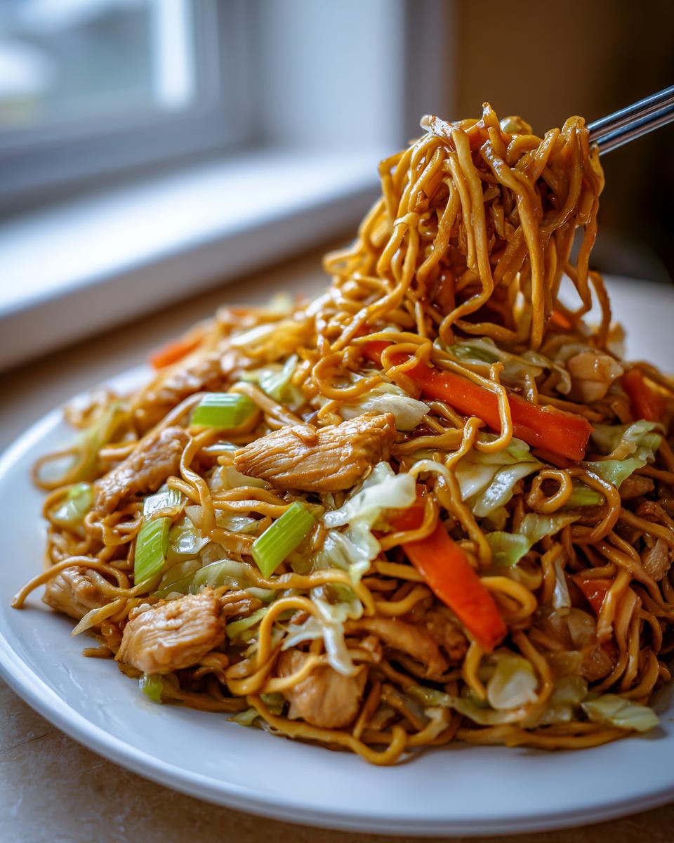 Chopsticks lifting a large portion of saucy chicken chow mein recipe with chicken pieces, carrots, and cabbage.